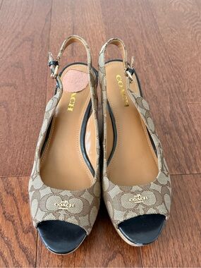 Coach Tan Signature Canvas Peep-Toe Slingback Heels with Black Toe